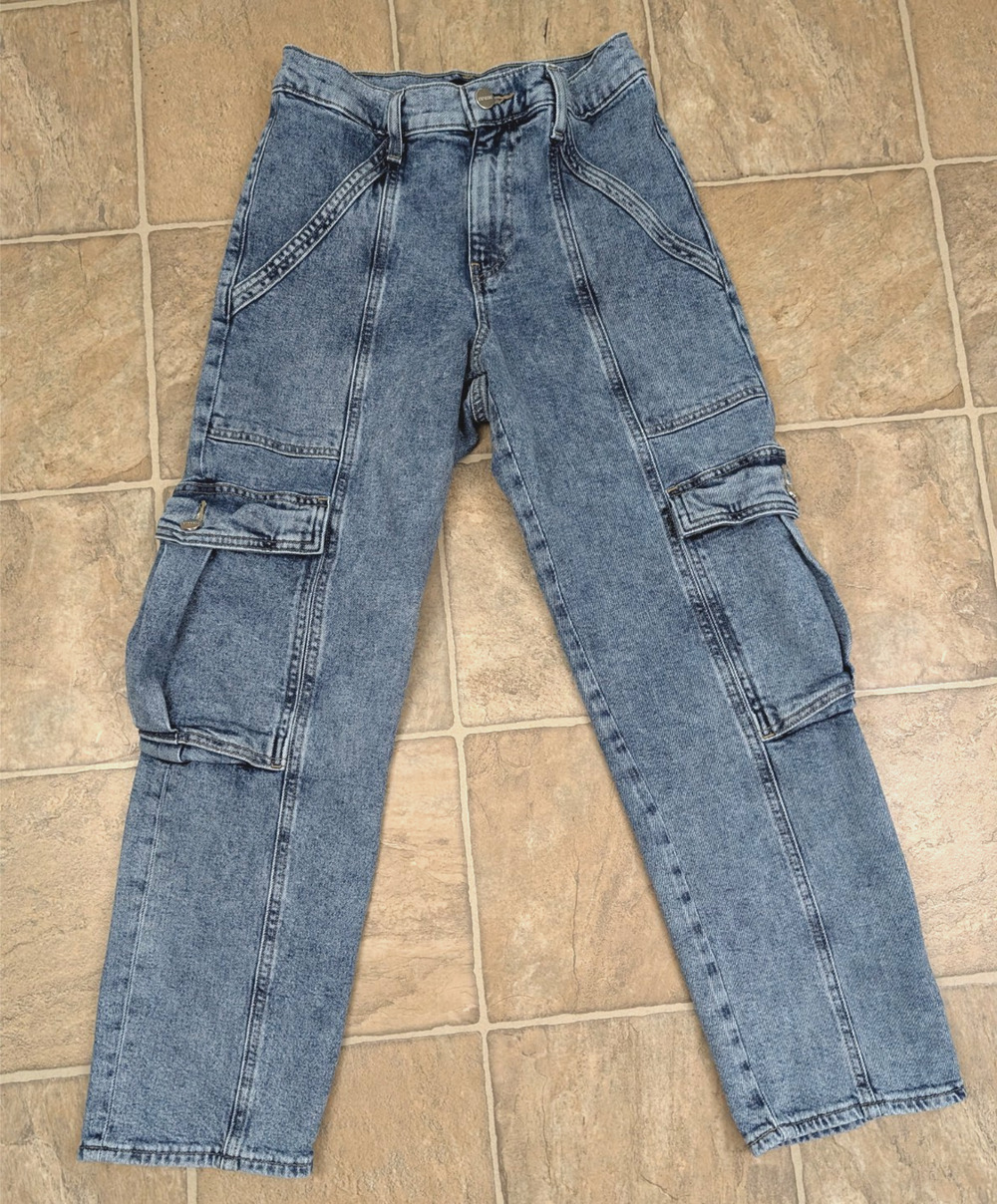 Express sz 4 Straight Ankle High Rise Cargo Jeans denim blue stretchy 0899